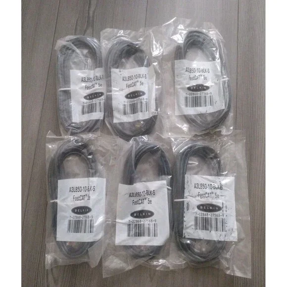 6 NEW -Belkin A3L850-10-BLK-S Snagless FastCat 5e Patch Cable -10ft (NOS)
