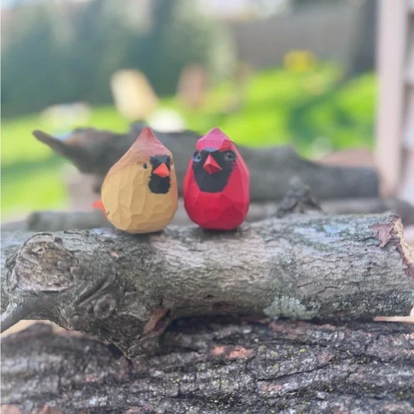 Handcrafted Wooden Bird Figurines - Red and Brown