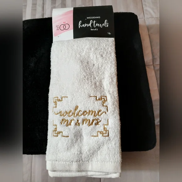 Elegant White and Gold Wedding Embroidered Hand Towels Set Welcome Mr. & Mrs.