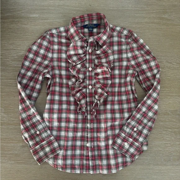POLO Ralph Lauren girls red plaid ruffle long sleeve button blouse shirt top 8