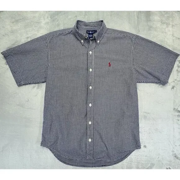 RALPH LAUREN Boys Navy L Gingham Short Sleeve Button Down Shirt Red Pony
