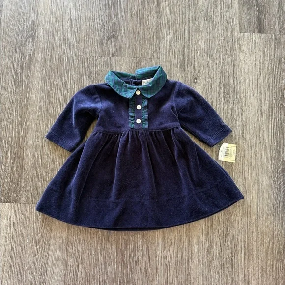 Ralph Lauren Vintage Navy Velvet Baby Dress with Green Plaid Trim