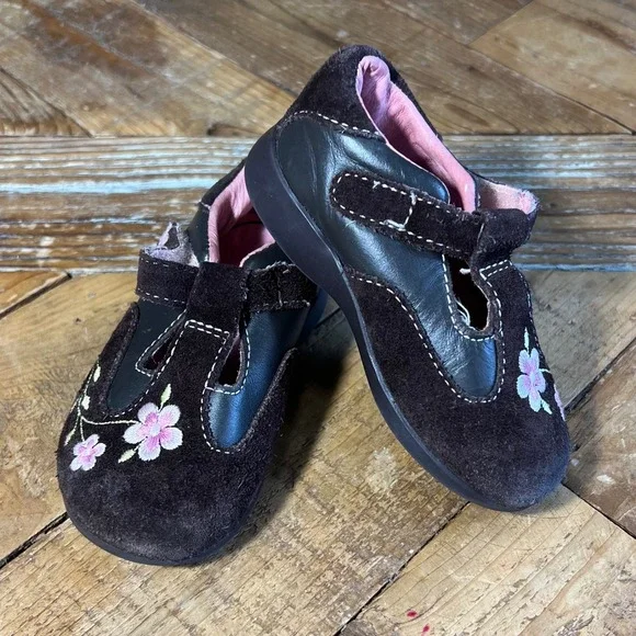 Pediped Brown‎ Leather Suede Floral Embroidered Toddler Shoes Size US 5 EU 21