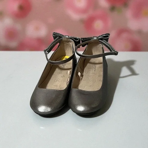 Girls Silver Glitter Bow Mary Jane Flats Shoes Kids Size 3 Ballet Dress‎ Shoes