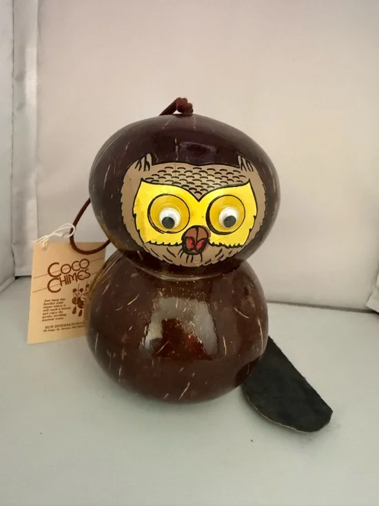Vintage Brown Owl Coconut Wind Chime NEW w tag