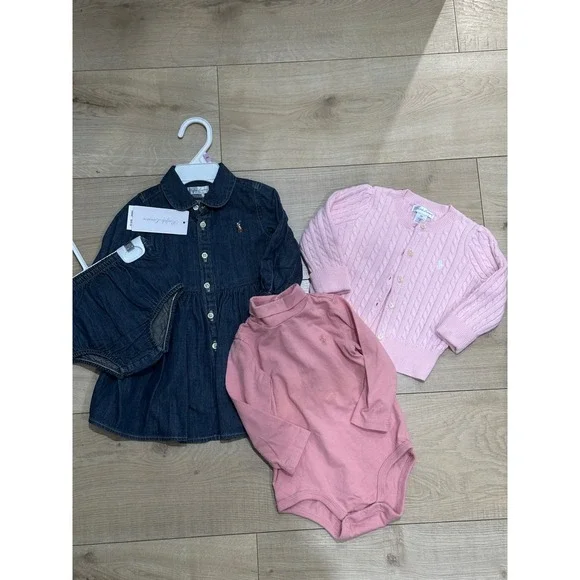 Ralph Lauren Baby Girl 9M Denim Dress Bloomers Pink Cardigan Turtleneck Bundle