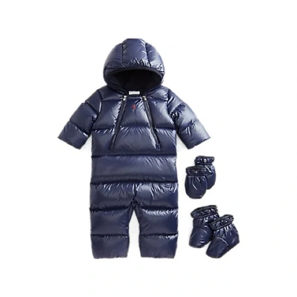 RALPH LAUREN HOODED DOWN SNOW SUIT size 9 m with detachable footies and mittens