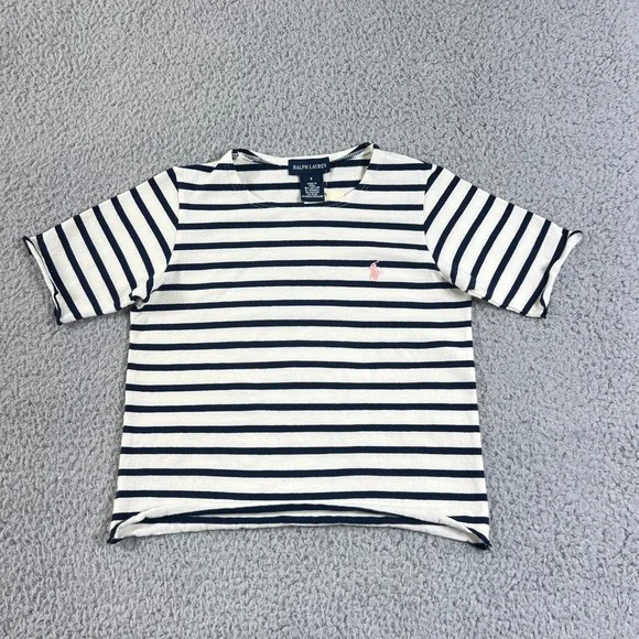 Ralph Lauren T-Shirt Girls 6 White Navy Striped Short Sleeve Lettuce Trim Pony