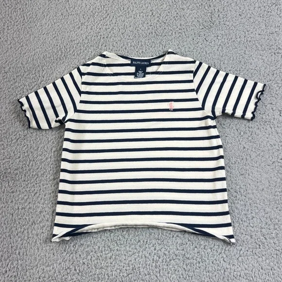 Ralph Lauren T-Shirt Girls 5 White Navy Striped Short Sleeve Lettuce Trim Pony