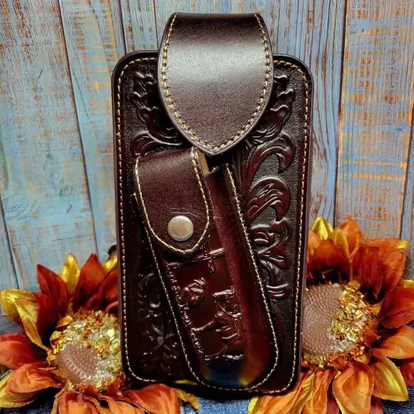 Praying Cowboy Leather Phone Holstor With Knife Sheath & Belt Clip Sz LARGE 7x4