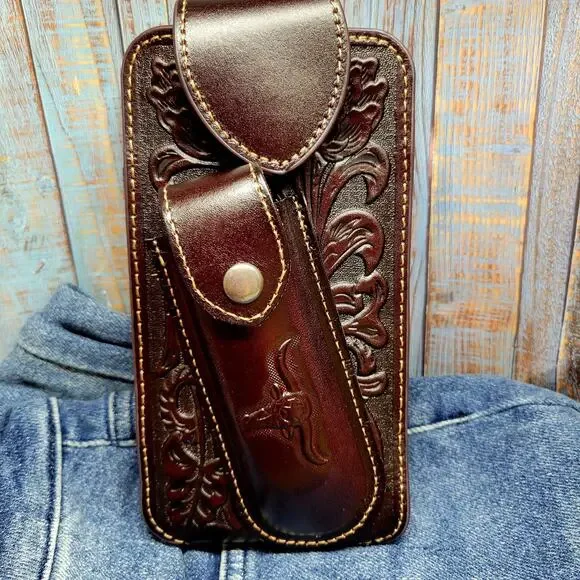 Longhorn Leather Phone Holstor With Knife Sheath & Belt Clip Sz LARGE 7x4