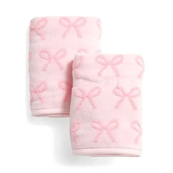 Caro Home Pink Bow Cotton Hand Towels 18x28 Set of 2