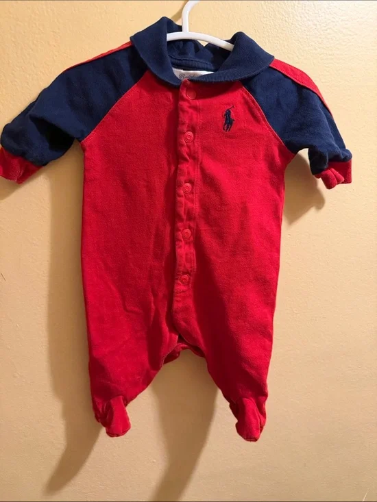 Ralph Lauren Red and Navy Footed One-Piece Romper