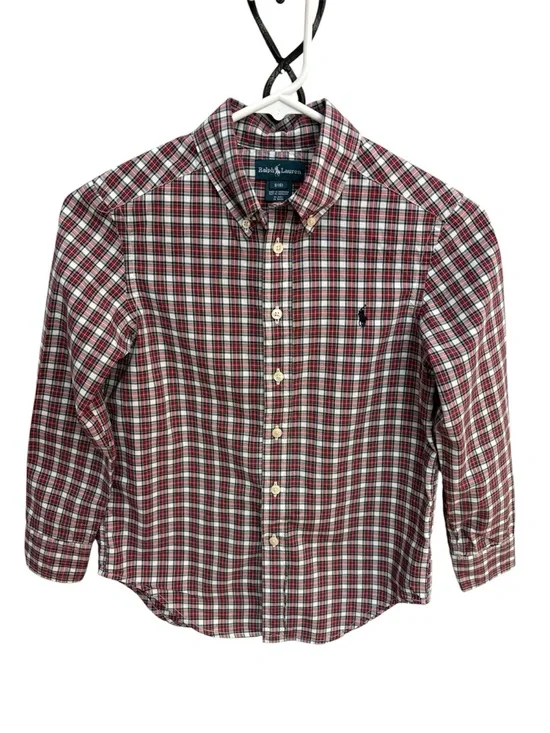 Ralph Lauren Boys S 8 Plaid Button Down Shirt Red White Dress VTG 100% cotton