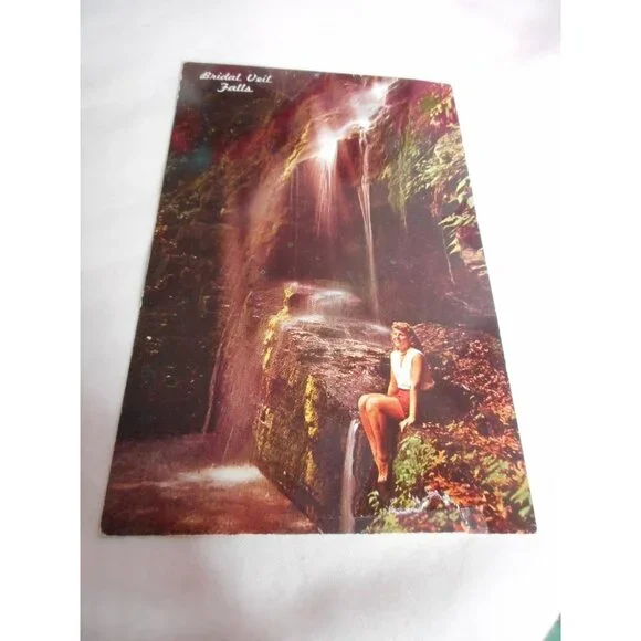 Vintage Postcard unposted Bushkill Falls, PA Bridal Veil Falls 1960s w/ woman