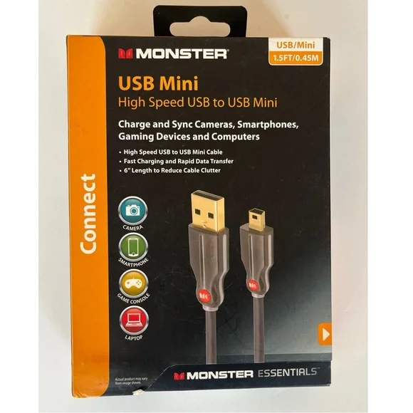 Monster High Speed Black USB to USB Mini Charging 1.5 ft