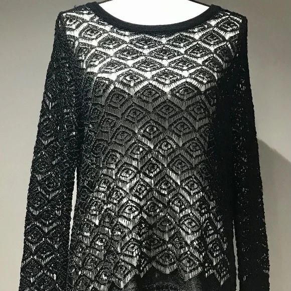 Colleen Lopez Black Sheer Lace Crochet Fringe Tunic Cover Up Top Size Large