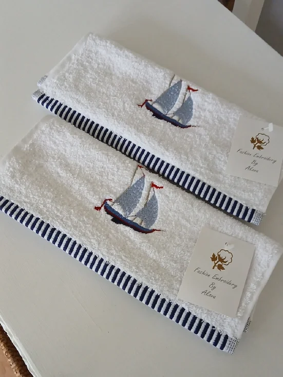 White Nautical Blue Sailboat Cotton Terrycloth Fingertip Towels Striped Border-2