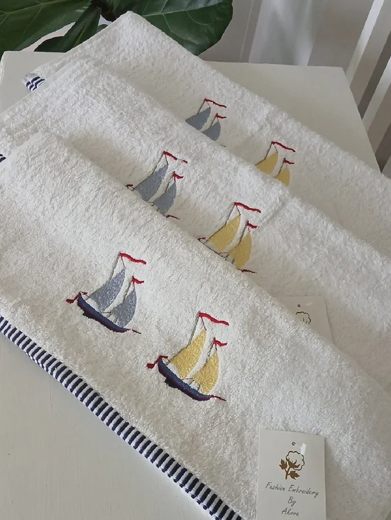 White Nautical Hand Towels Navy Striped Border Sailboats 20x30