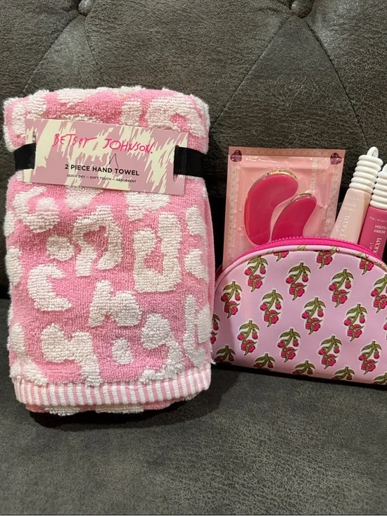 Betsey Johnson Pink Leopard Hand Towel - 2 Piece Set and Makeup Bag Set