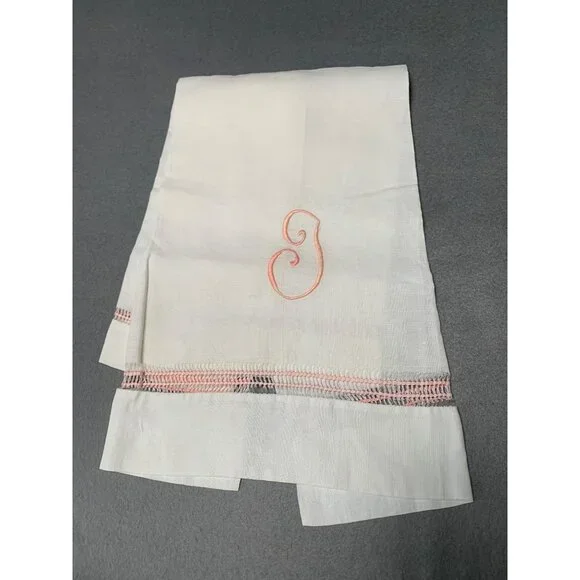 Vintage White Linen Hand Towel with Pink Embroidered Initial Monogram