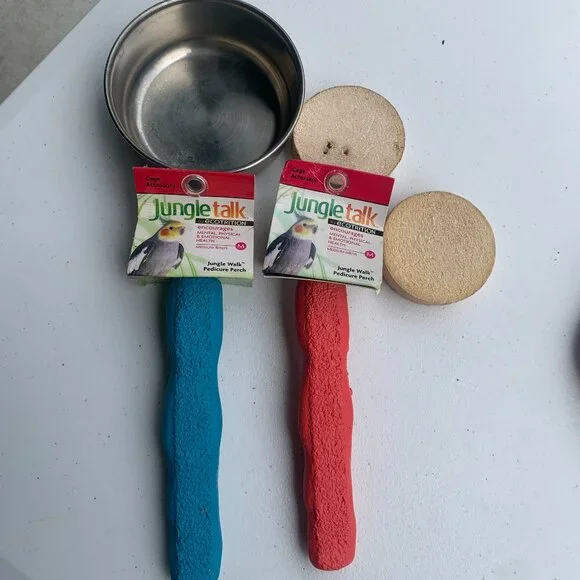 BIRD SUPPLIES - 5pc lot PARROT MACCAW, cage accessories, bowl, 2 pedicure perch