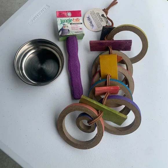 BIRD SUPPLIES - 3pc lot PARROT MACCAW, hanging cage toys, blocks, perch, bowl