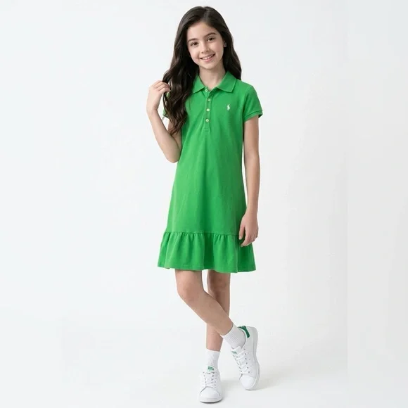 Ralph Lauren Green Ruffle Dress Girl’s L 12/14 SS Buttons Collar Polo Pony Logo
