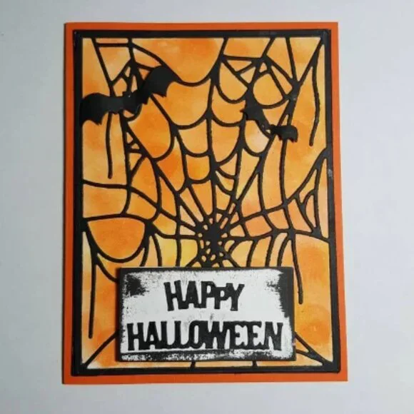 Happy Halloween Spider Webs and Bats Note Card - Orange & Black, Die Cut & Stamp