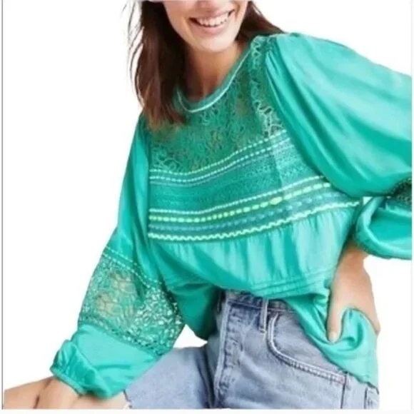 ANTHROPOLOGIE Bl^nk Green Boho Peasant Lightweight Summer Blouse Size Large