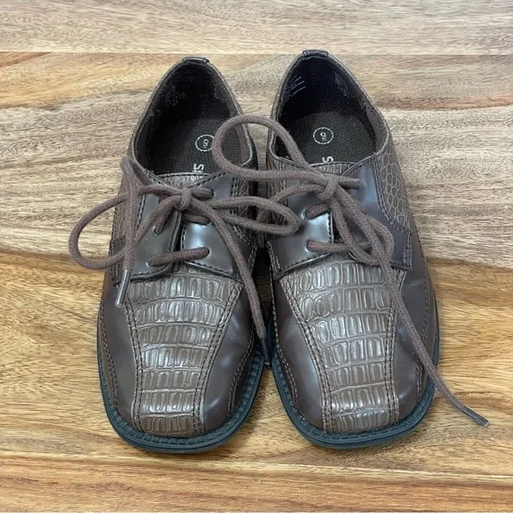 Smartfit Two Tone Brown‎ Little Boy Oxfords with Faux Crocodile Tie Laces sz 9