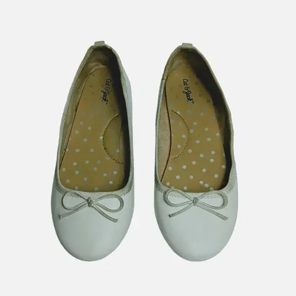 CAT &‎ JACK Girls White Slip-On Ballet Flats Shoes with Bow Pull Tab Size 1