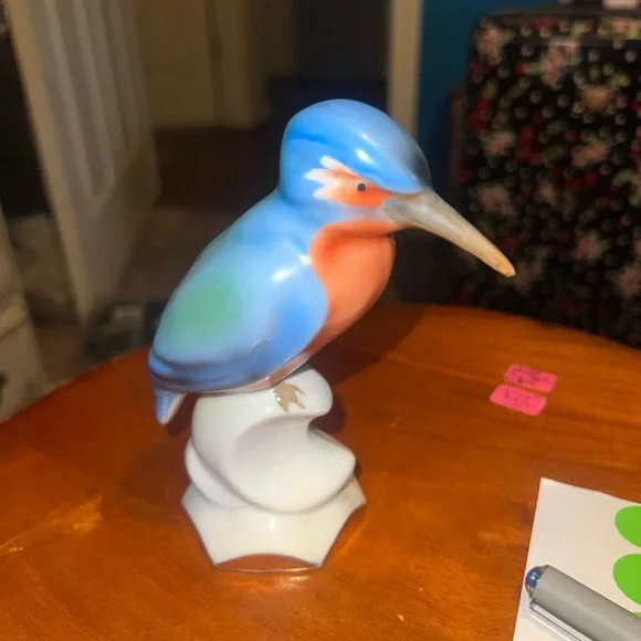 Blue and Orange Ceramic Kingfisher Bird Figurine for Pets Bird Decor