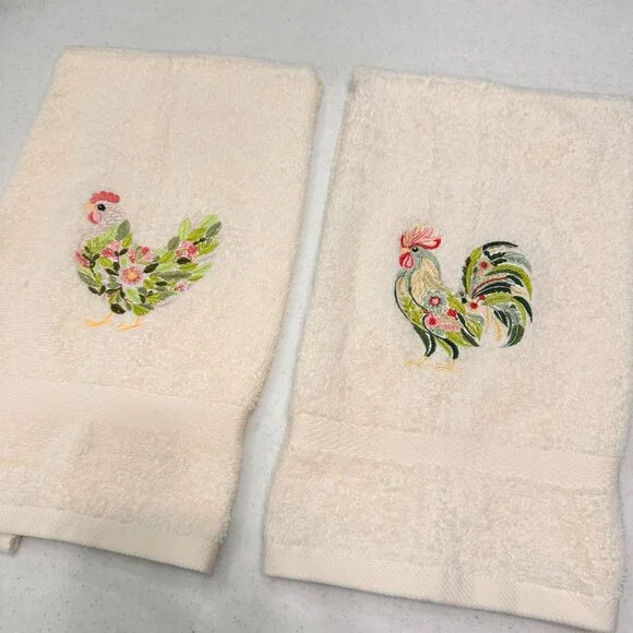 Chicken Towels Embroidered Hand Towel Set Hen Rooster Bathroom Home Farm Decor