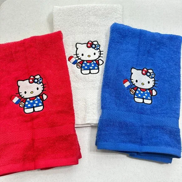 Hello Kitty Towels Embroidered July 4th Hand Towel Set Cute Bathroom Holiday
