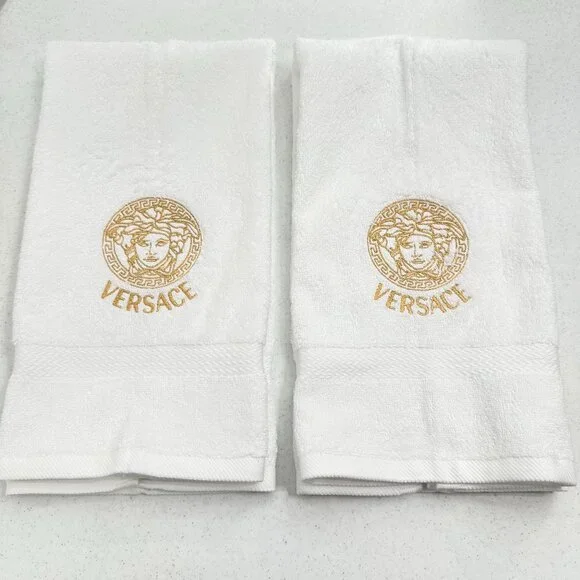 Versace Style Towels Embroidered Hand Towel Set White Gold Bathroom Decor