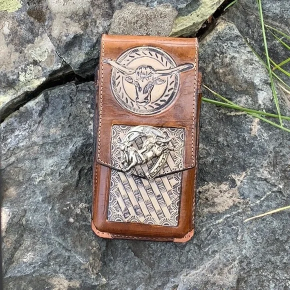 Leather Cell Phone Holder Bull Riding Rodeo