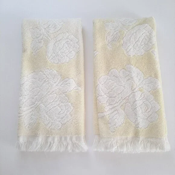 Vtg Sculpted Hand Towel Set of 2 Pastel Yellow, White Pacific Supersorb