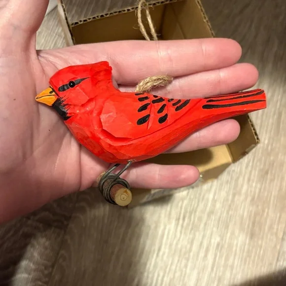 Hand-Painted Red Cardinal Bird Ornament - Decorative Wooden Bird
