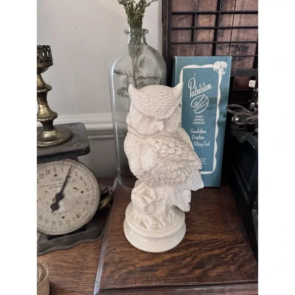 Owl Ceramic Statue Figurine Large Cottagecore Cottage English Ivory Antique Prep