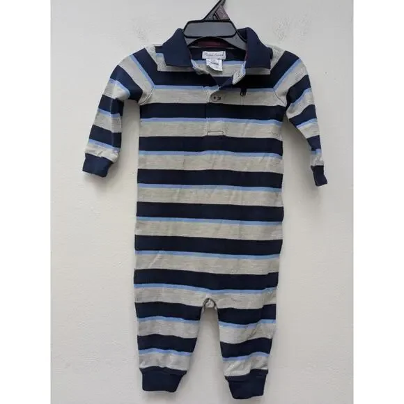Ralph Lauren Baby Boy Coverall Blue Striped Rugby Cotton Long Sleeve 6M