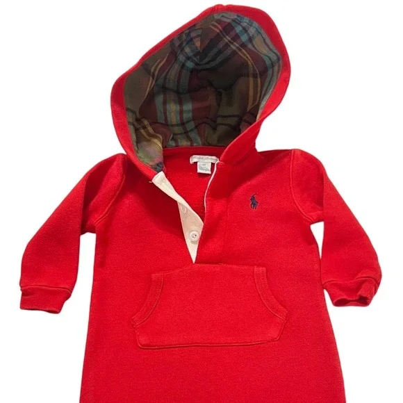 Ralph Lauren Baby Red Plaid Lined‎ Hoodie Romper Onesie 9M