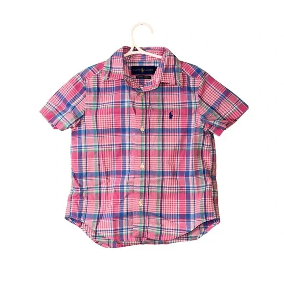 Ralph Lauren Boys Short Sleeve Pink & Blue Plaid Shirt 3T Natural Stretch Cotton