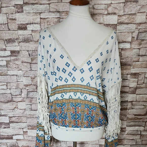 Free People Bohemian Fringe V-Neck Top - White and Blue
