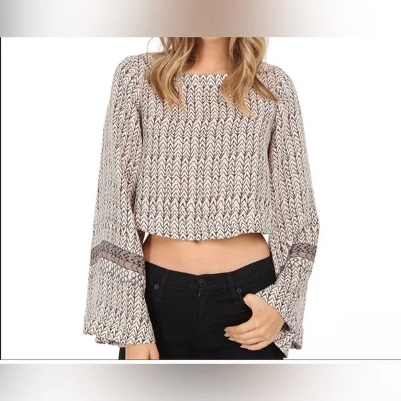 FREE PEOPLE Stars Aligned Bell Sleeve Crop Top long sleeve Boho Chic Large