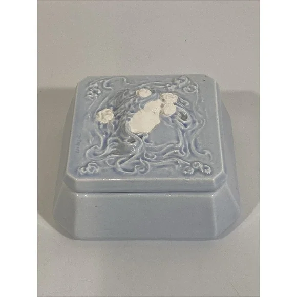 Vintage Pastel Blue Andreoli Art Nouveau Ladies Head Lidded Trinket Dish