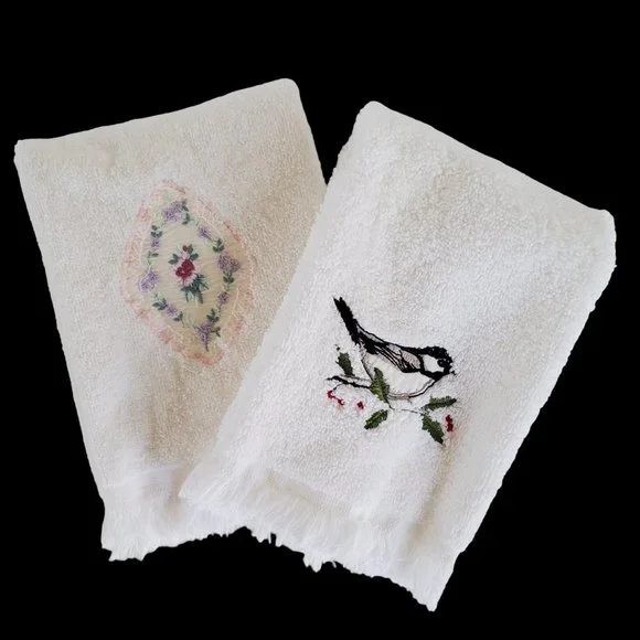 Vintage Fringed Guest Towels 2 White Embroidered Satin Applique 12