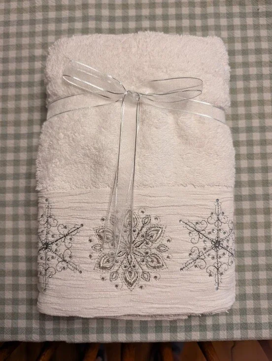 Embellished White Decorative Hand Towels Silver Ribbon Holding Them Together NEW