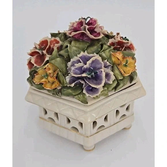 Vtg Bavaria‎ Lid Floral Pansy Footed Trinket Candy Coin Dish Flawed READ