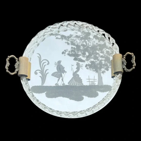 Vintage Venetian Glass Etched Mirror Tray Vanity Serving Ercole Barovier Italy